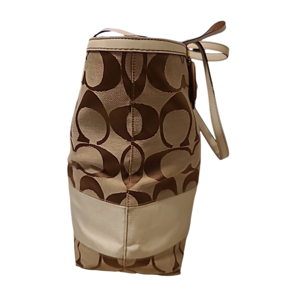 COACH Signature Khakie/Brown Ivory Leather Trimed Tote Shoulder Bag 10125 GUC - Picture 5 of 11